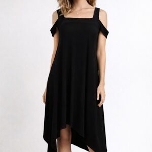 Sympli S10 Solid Black Asymmetrical Square Neckline Elegant Summer Vacation Dres